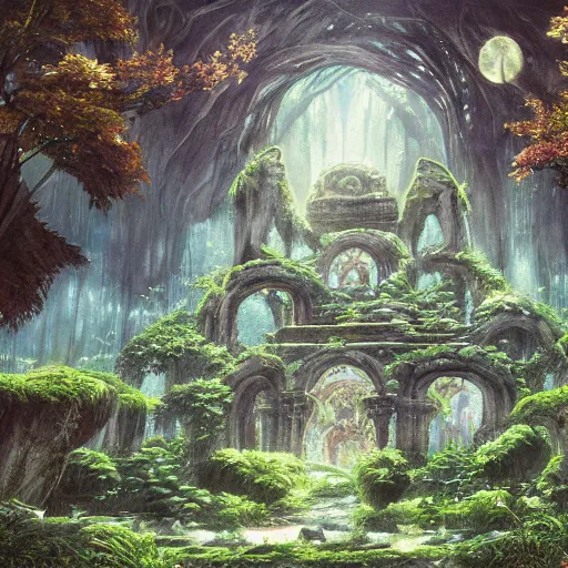 Prompt: ancient magical overgrown ruins, mysetrious etherial mesmerizing atmosphere, extremely intricate, midnight, hyper detailed, hd, masterpiece, legend of zelda, studio ghibli