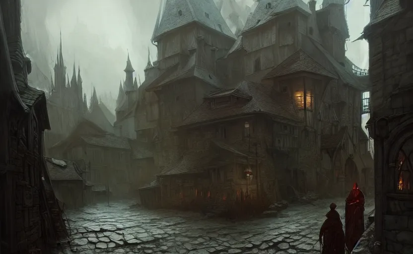 Image similar to epic concept art depicted an old medieval mystic town | art by jakub rebelka and thornton oakley and darek zabrocki and harvey dunn | dramatic mood, overcast mood, dark fantasy environment | trending on artstation, unreal engine, hyperreal movie shot