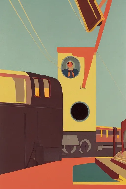 Prompt: scene from wes anderson train by helen lundeberg