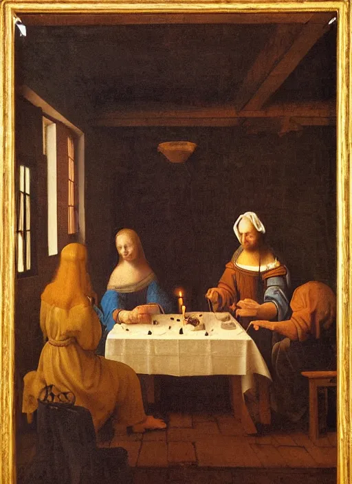 Image similar to a candlelit table at the inn, evening, dark room, two people sitting at the table, swirling smoke, dark smoke, realistic, in the style of leonardo da vinci, dutch golden age, amsterdam, medieval painting by jan van eyck, johannes vermeer, florence