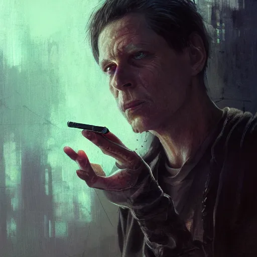 Image similar to case, portrait of an augmented middle aged human, cigarette, smoke, neuromancer, painted by seb mckinnon, high detail, dramatic light, digital art, painted by greg rutkowski, promotional movie posterart, trending on artstation