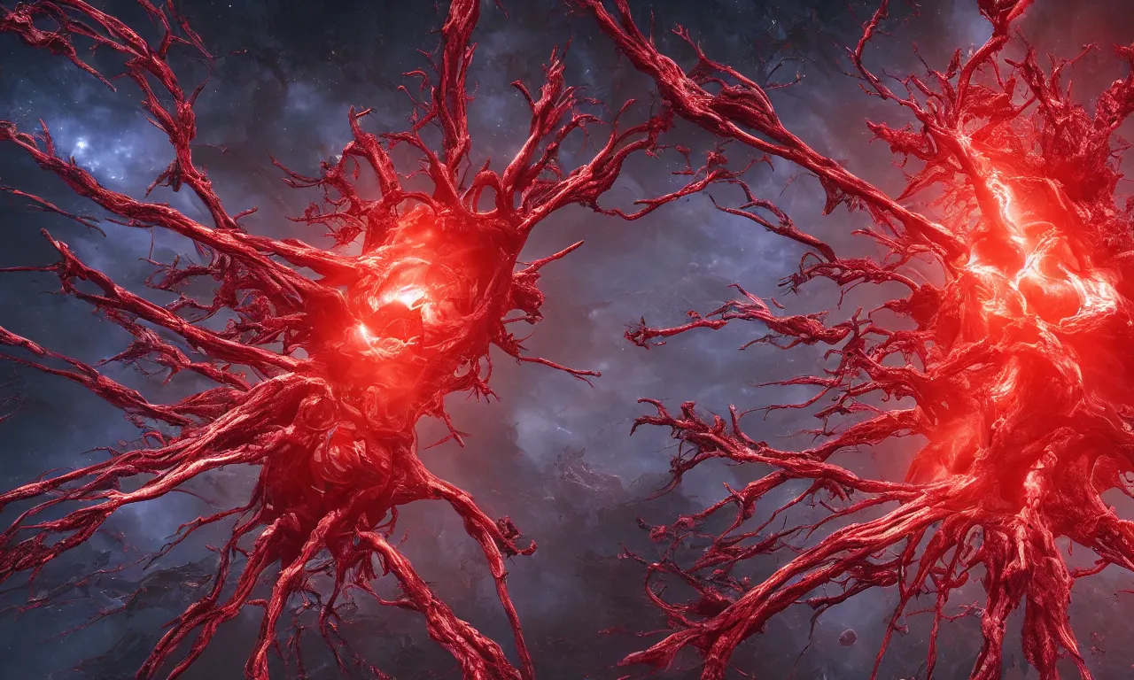 Image similar to A bloody red neurological network spanning across the galaxy,, realistic 4k octane beautifully detailed render, 4k post-processing, highly detailed, intricate complexity, epic composition, magical atmosphere, cinematic lighting, masterpiece, ultra hd