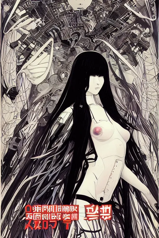 Prompt: professionally drawn seinen mature cyberpunk detective horror action manga comic cover about angels, angels, angels heaven, full color, beautifully drawn coherent professional, drawn by ilya kuvshinov, ilya kuvshinov, alphonse mucha and tsutomu nihei. japanese script kanji hiragana on the cover. simplistic minimalist stylized cover art.