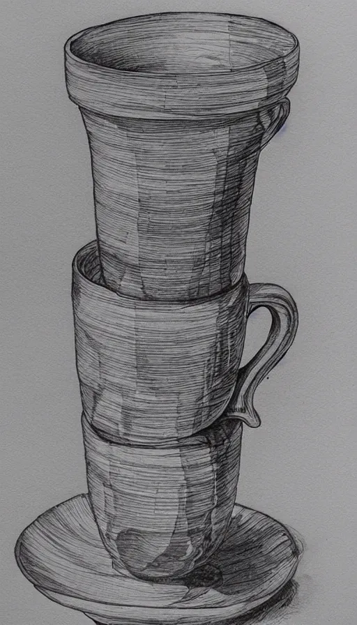 Image similar to 2 cups drawn with fountain pen , beautiful composition , extremely detailed