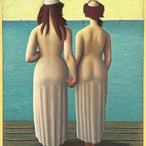 Image similar to two women!!! holding hands! on a pier! next to the ocean!! looking at the camera! by grant wood!-H 768