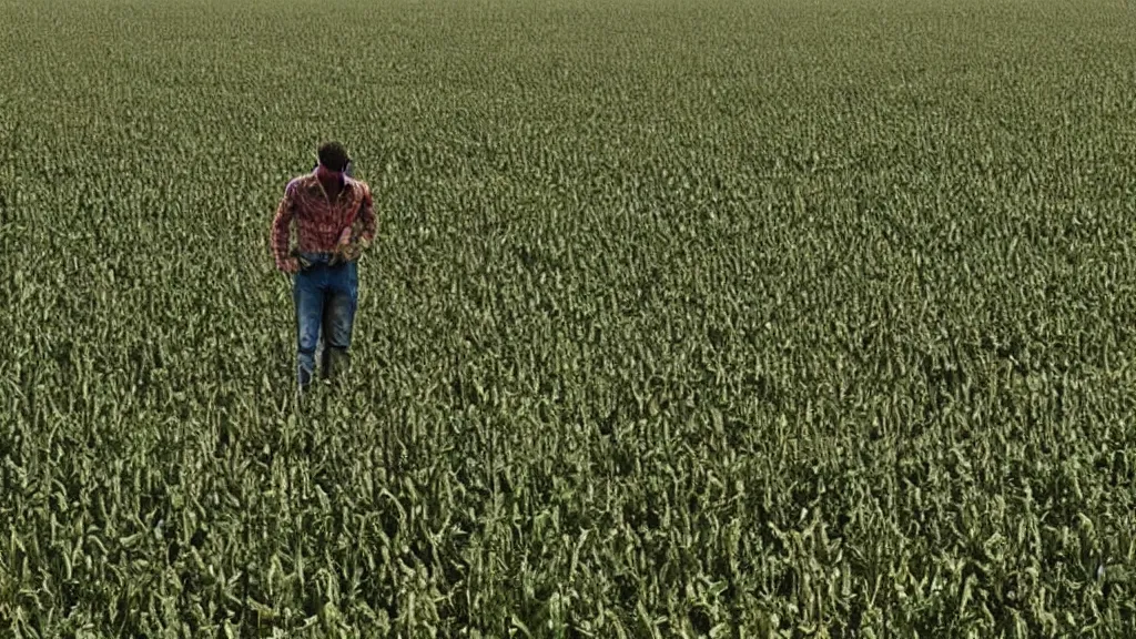 Prompt: gigachad farmer alone in his field