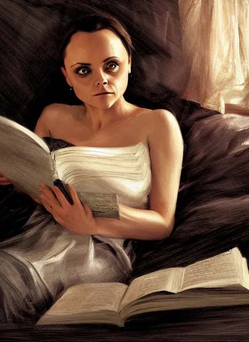 Image similar to christina ricci anlying in bed reading, backround dark, highly detailed, digital illustration, trending in artstation, modern painting, smooth, sharp focus, intricate, einar jonsson, ilya repin