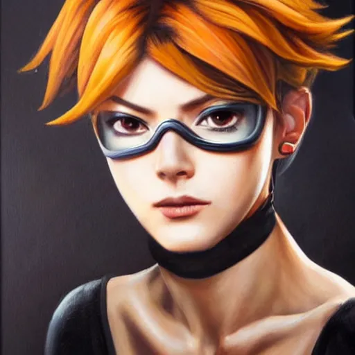 Prompt: oil painting of tracer overwatch in a field, in style of mark arian, expressive face, very detailed face, wearing black steel choker, very detailed eyes, full body, feminine face, detailed makeup on eyes,