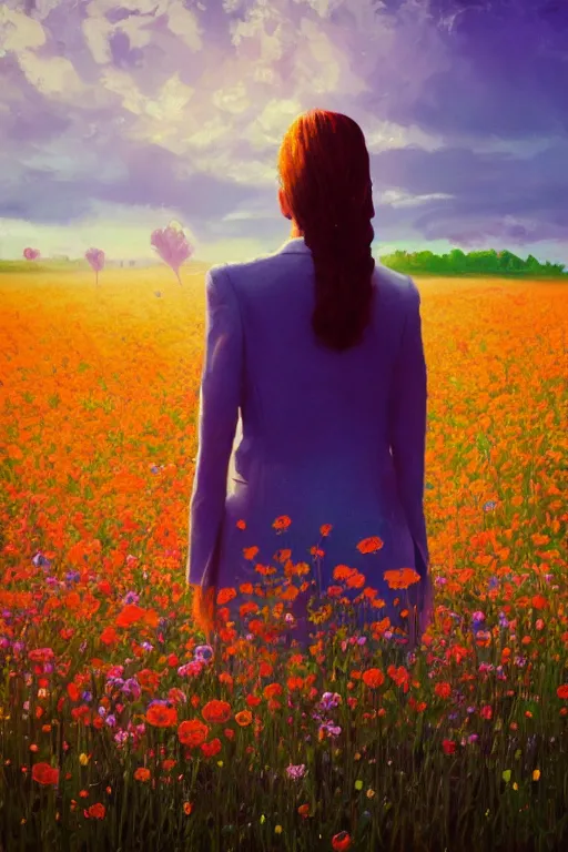 Image similar to closeup, giant flower head, girl in suit standing in a field of flowers, surreal photography, sunrise, blue sky, dramatic light, impressionist painting, digital painting, artstation, simon stalenhag