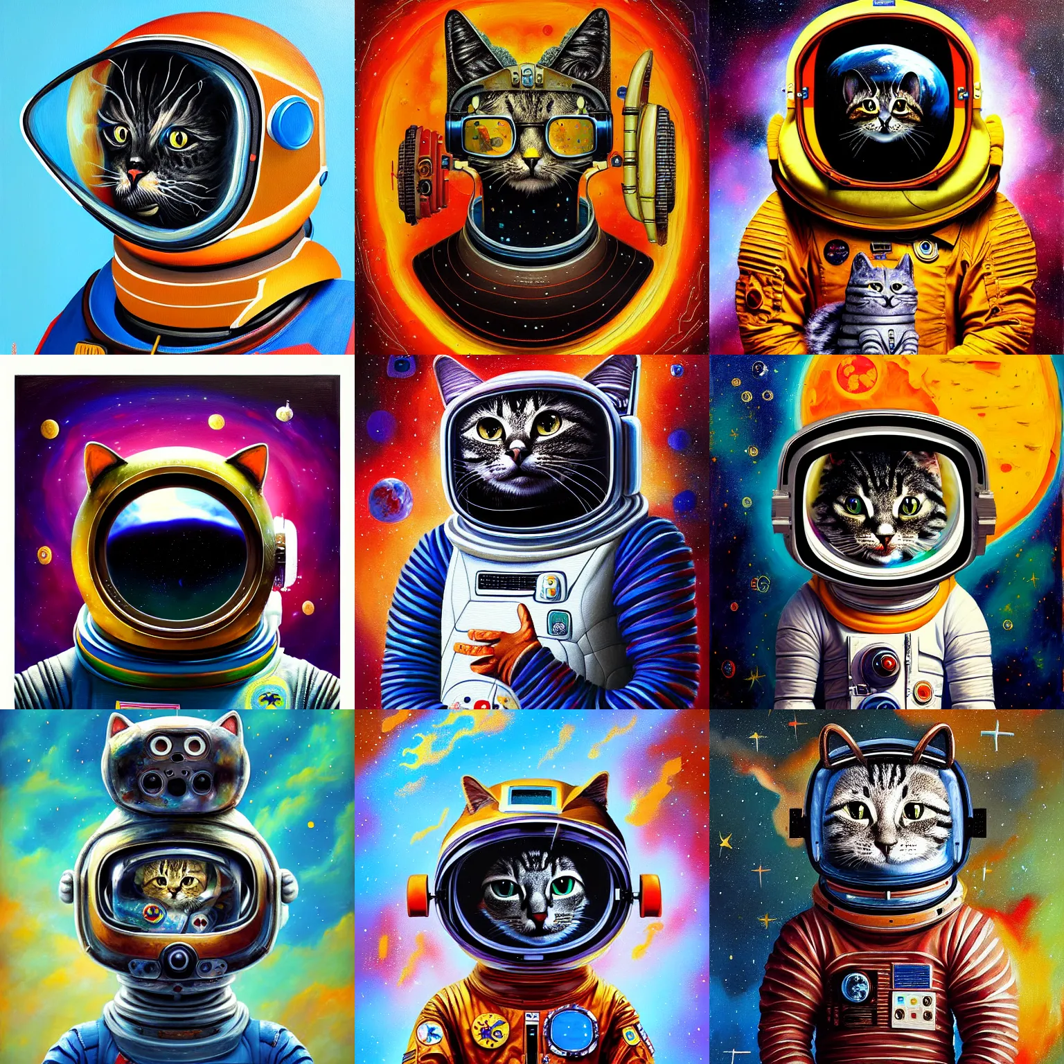 Prompt: anthropomorphic astronaut cat painting by andrei riabovitchev, kenari miura, david choe, detailed painterly impasto brushwork, oberon ( obe ) bradford, artstation