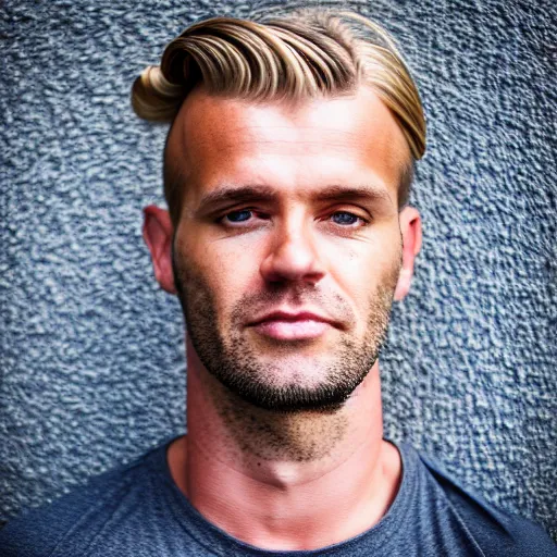 Prompt: close up of face of good looking 4 0 year old slavic blond man with blond stubble, very short wavy blond hair in a short pompadour style, very dark blue eyes, wearing a tank top, hairy shoulders, hairy chest, portrait, 4 k