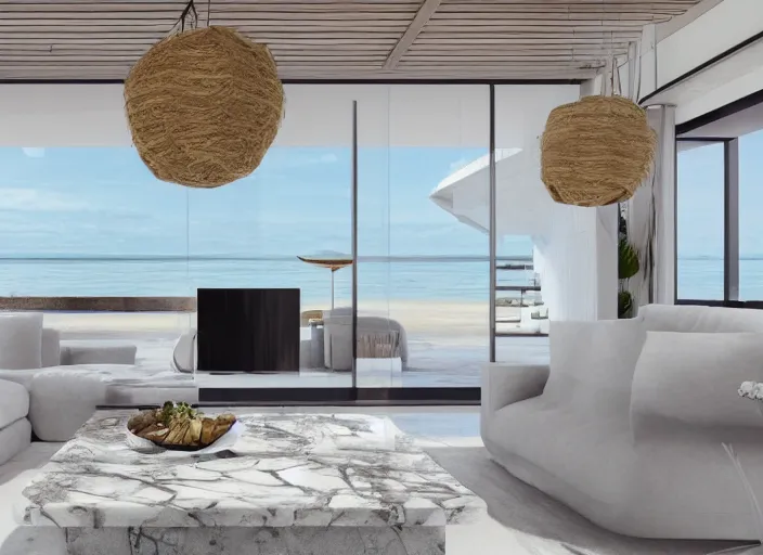 Prompt: interior photo of a modern beach house with a beautiful couch next to a white marble table on top of which there are magnificent flowers, highly detailed, hd, 4k