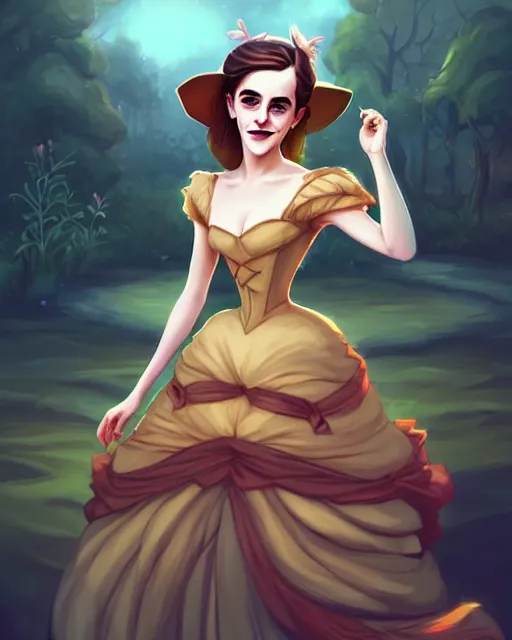 Image similar to beautiful full body Emma Watson goofy smiling dressed in victorian style fashion, photographic castle gardens background illustration by lois van baarle and loish and ross tran and rossdraws and sam yang and samdoesarts and artgerm, digital art, highly detailed, intricate, sharp focus, Trending on Artstation HQ, deviantart