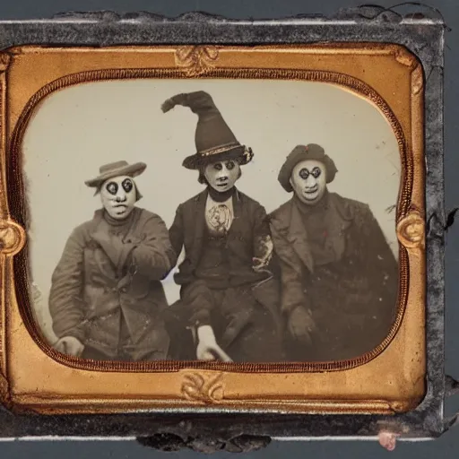 Prompt: tintype photo of a clown battle