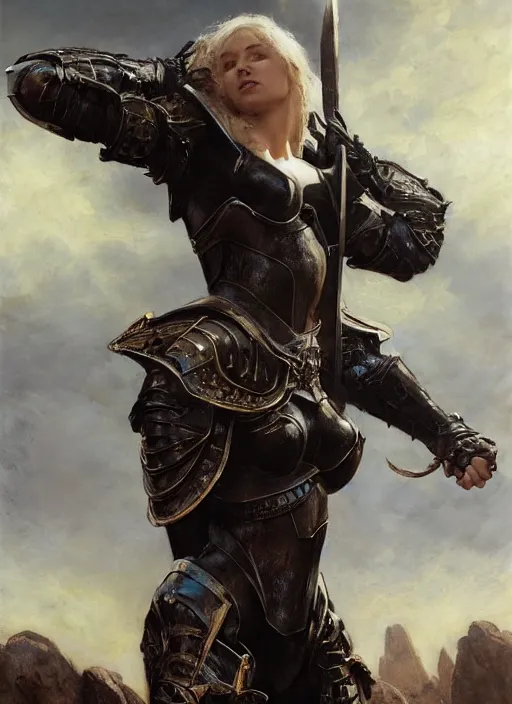 Prompt: blonde short haired muscular woman wearing medieval black armour, detailed by gaston bussiere, bayard wu, greg rutkowski, giger, maxim verehin, greg rutkowski, masterpiece, sharp focus, cinematic lightning