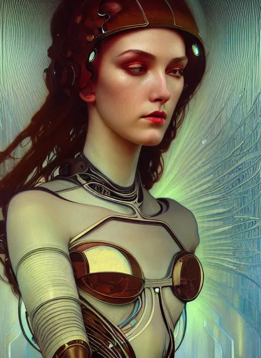 Image similar to portrait of a beautiful female android, coy, circuitry visible in head, in the style of ex machina, karol bak, alphonse mucha, greg rutkowski, award winning, hr giger, artstation, 8 k