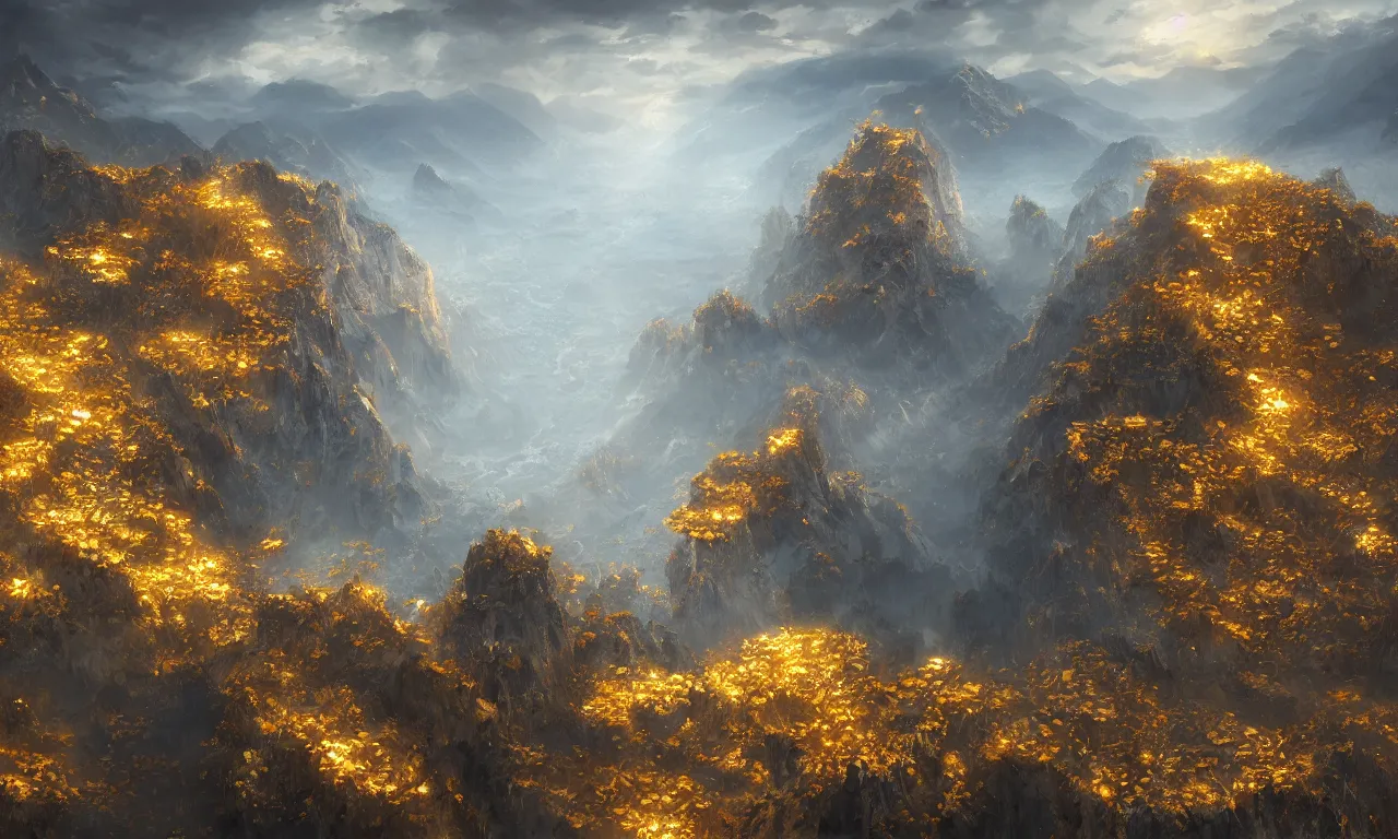 Prompt: breathtaking detailed digital painting of an aerial view of luxurious nature, mountains rocks at dawn with intricate ribbons and golden petals flying, with moody dark tumultuous clouds, by dao trong le, artstation, concept art, matte, 8 k,