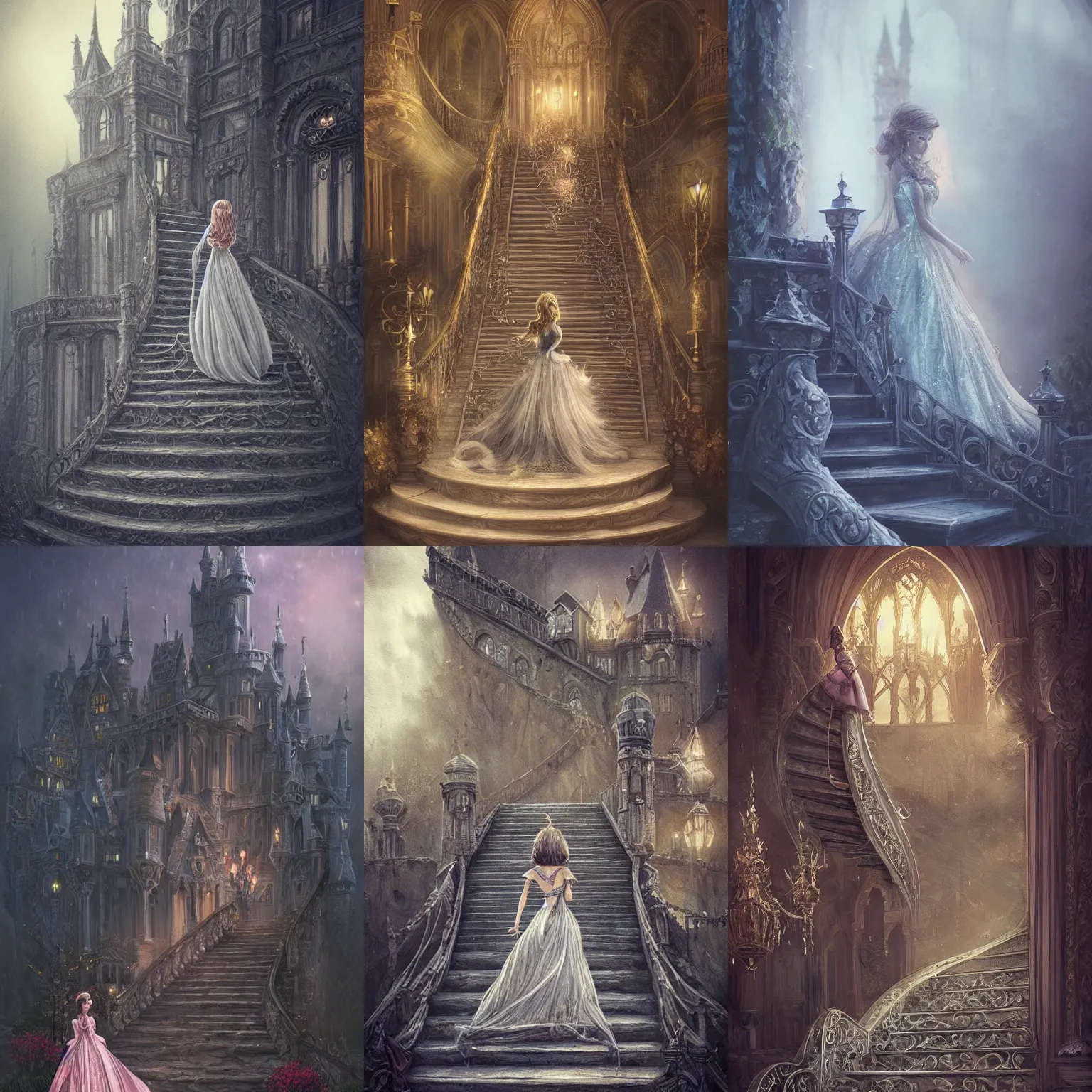 Prompt: a princess is a ball gown is running down the steps of her beautiful castle, very detailed, intricate details, fantasy, moody colours, cperfect lighting, misty, evening, perfect composition, aesthetic, masterpiece, award winning, artstation