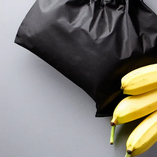 Prompt: a OPAQUE bag containing a banana, black background