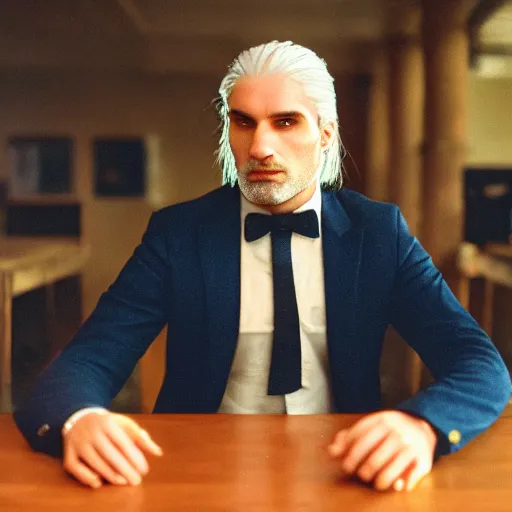 Prompt: photo of Geralt of Rivia wearing a suit and tie, cinestill, 800t, 35mm, full-HD