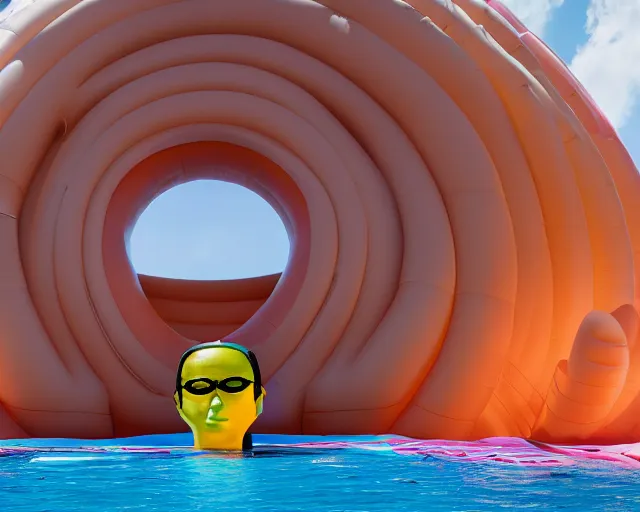 Image similar to a long shot of a giant award winning sculpture made out of inflatable pool toys in the shape of a human head, on the surface of the ocean, in the style of chad knight, hyper detailed, hyper realistic, ray tracing, 8 k resolution, sharp focus, realistic water