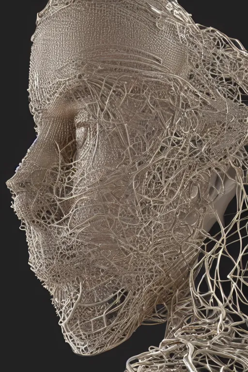 Image similar to a melancholic realistic 8k Sculpture of a complex robotic human face, liquid simulation, dramatic lighting, silver gold red details, hexagonal mesh wire, filigree intricate details, cinematic, fleshy musculature, white blossoms, elegant, octane render, art nouveau, 8k post-processing, intricate artwork by moebius