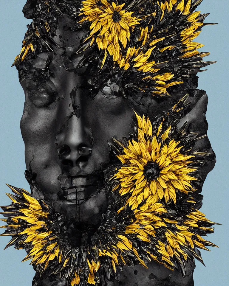 Prompt: symmetrical painting of a fractured black obsidian greek statue of a beauty, yellow topaz spikes sunflowers, lightblue drip acrylic paint, fixed with bronze kintsugi, rendered in octane trending on cgsociety. extremely detailed and intricate art, corruption, sleek