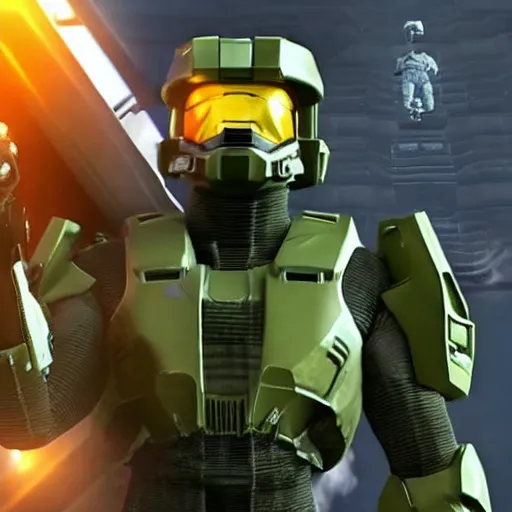 Image similar to Donald Trump wearing the suit of Master Chief from Halo, holding the helmet, gameplay screenshot, cinematic trailer, E3