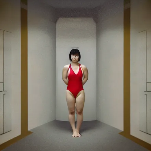 Prompt: perfect, realistic oil painting of japanese woman in racing one-piece swimsuit, in sci-fi dystopian empty room, by an American professional senior artist, Hollywood concept, dynamic composition and motion, postproduction.