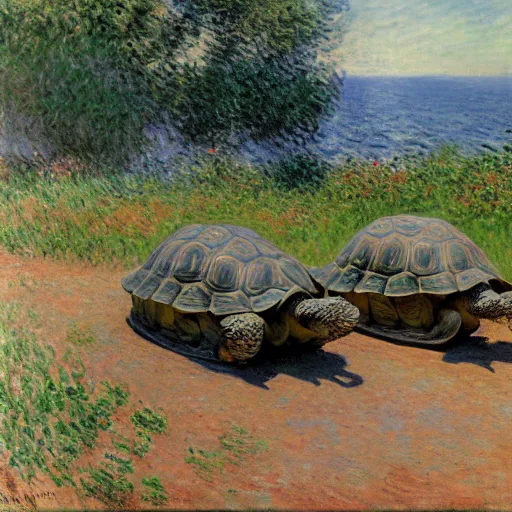 Image similar to tortoises next to artillery guns by claude monet