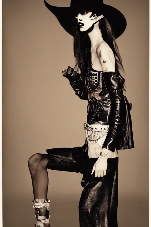 Prompt: margiela campaign featuring ark bumpy roose as a female cowgirl, long eyeslashes, big juicy lips, big seductive eyes