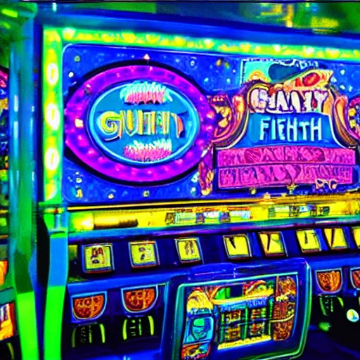 Image similar to Inside the giant fish’s teethy mouth was an opulent vegas casino of slot machines!