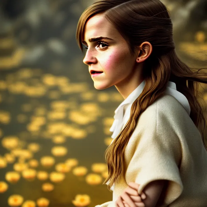 Prompt: Kodak Portra 400, 8K, soft light, volumetric lighting, highly detailed, Rena Nounen style 3/4 ,portrait photo of Emma Watson as Hermione Granger by WLOP, the face emerges from a lava flowing gold travertine terraces with lotus flowers, inspired by Ophelia paint , a beautiful luxurious fully clothed, hair is intricate with highly detailed realistic beautiful flowers , Realistic, Refined, Highly Detailed, ethereal lighting colors scheme, outdoor fine art photography, Hyper realistic, photo realistic, masterpiece