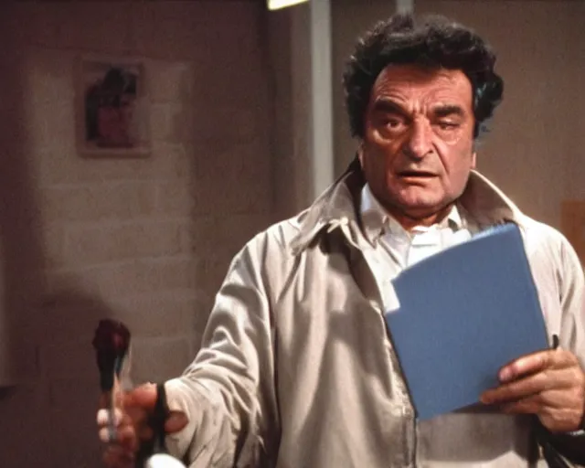 Prompt: peter falk as columbo interrogating missingno from pokemon, still shot