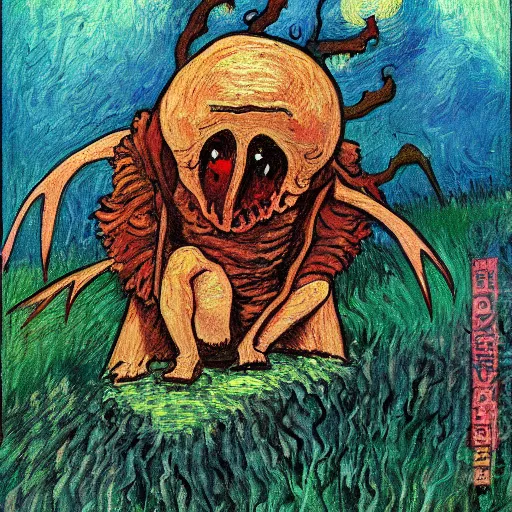 Image similar to whimsical silly painting of a terrifying demon, in the style of studio ghibli and moebius and claude monet and vincent van gogh