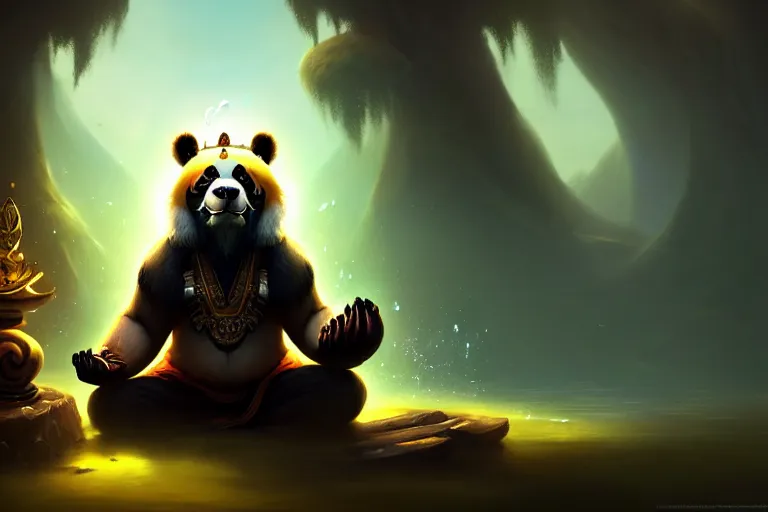 Prompt: [ important ] amazing portrait of a pandaren meditating [ / important ], hearthstone splash art, deiv calviz, splash art, natural light, elegant, intricate, fantasy, atmospheric lighting, by greg rutkowski, hearthstone splash art, hd wallpaper, ultra high details, cinematic composition