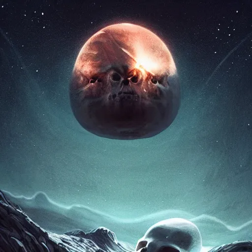 Image similar to a planet that resembles a skull, stars in the background, natural, ultra detail. digital painting, beautiful, concept art, ethereal, cinematic, epic, 8k, highly detail, insane detailed, oil painting, octane render, cinematic lighting, smooth, sharp, Artstation, mystical, illustration, Trending on Artstation, Artstation HQ, Artstation HD, digital art,