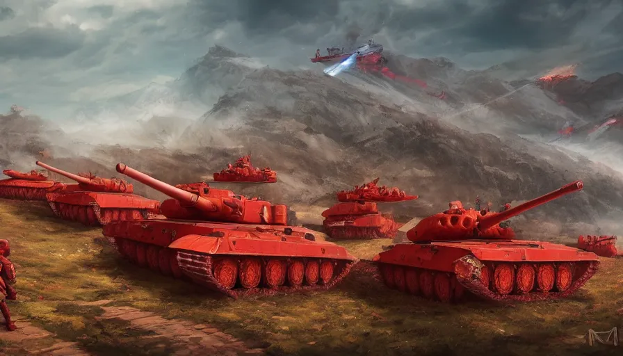 Image similar to red army on a hill with red tanks, dnd, fantasy, hyperdetailed, artstation, cgsociety, 8 k, propaganda poster