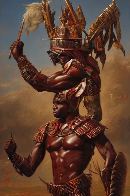 Prompt: a powerful and muscular male african warrior, tribal armour, realistic oil painting by Thomas Cole and Wayne Barlowe