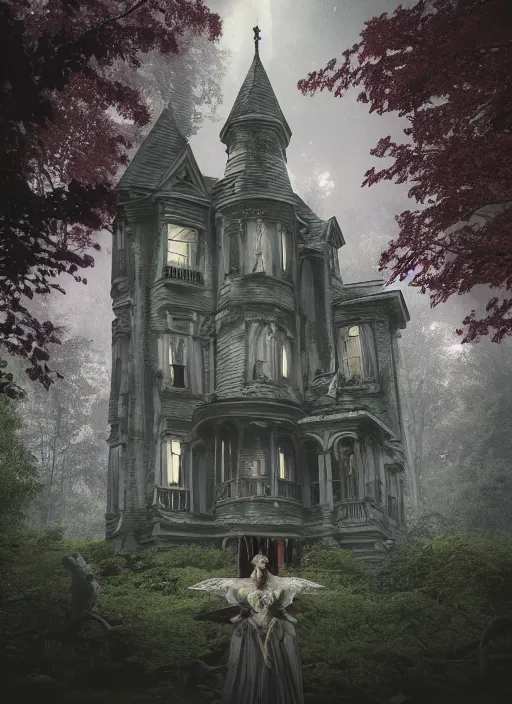 Prompt: A haunted Mansion in the middle of the woods, evil, demonic, enchanting, angelic, flowers, nature, city, symmetry, environment concept, cinematic, Rendered in Octane, trending on artstation, cgsociety, moody lighting rendered by octane engine, environment 8K artstation, cinematic lighting, intricate details, 8k detail post processing, hyperealistic, octane render, photo realism, visually inspired by Blade Runner 2049