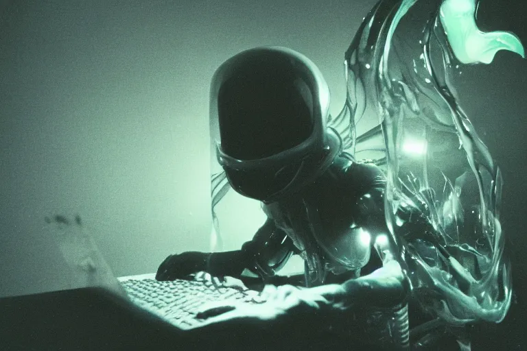 Image similar to alien monster using a computer to check their email, submerged in translucent goo, over the shoulder perspective, in 1 9 8 5, y 2 k cybercore, industrial low - light photography, in the style of tyler mitchell