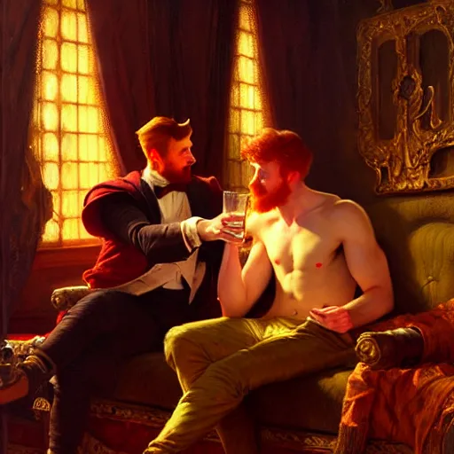 Image similar to attractive male mike and attractive male tyler, one is ginger and the other brunet, drinking their hearts out, in their noble mansion, at night. highly detailed painting by gaston bussiere, craig mullins, j. c. leyendecker 8 k