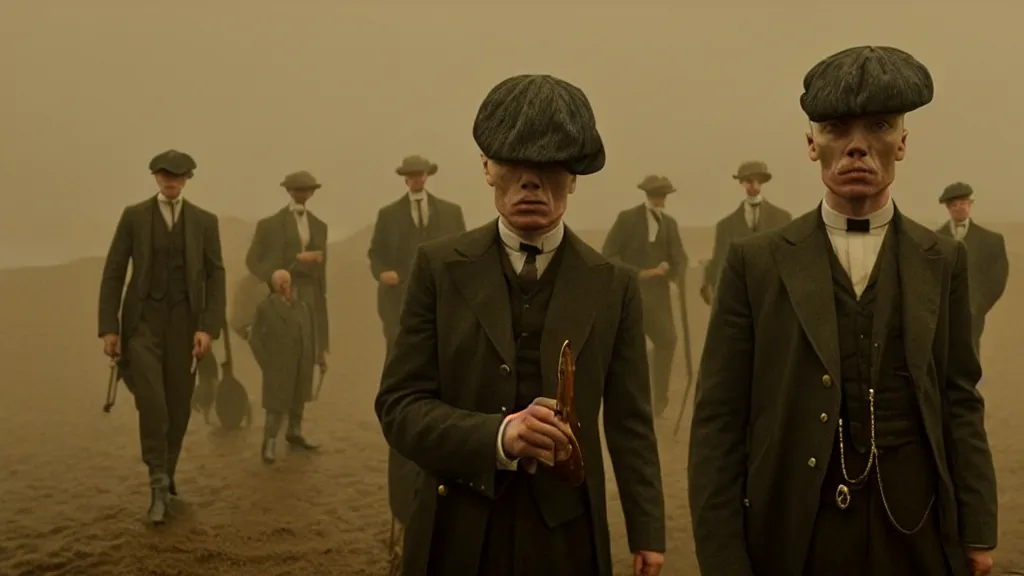 Image similar to the peaky blinders with shrimps instead of heads coming out of the ocean film still from the movie directed by denis villeneuve with art direction by zdzis