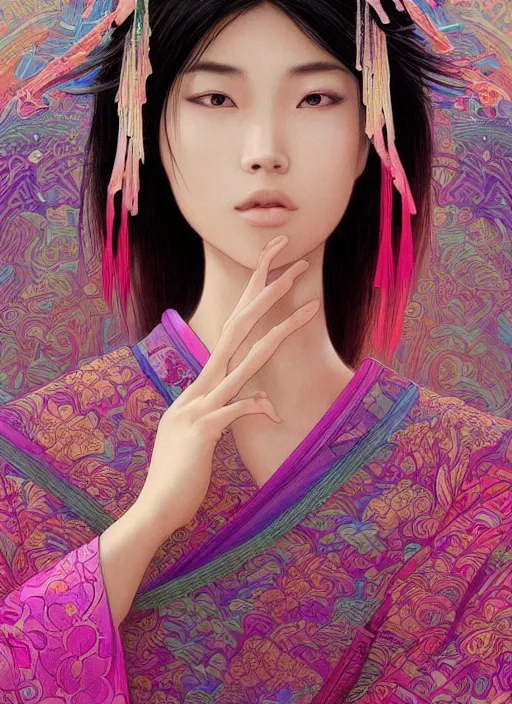 Image similar to beautiful young Asian woman, gorgeous face, sad eyes, tears, vaporwave aesthetic, synthwave, colorful, intricate, elegant, long beautiful flowing kimono, Asian temple landscape, highly detailed, digital painting, artstation, concept art, smooth, sharp focus, illustration, art by artgerm and greg rutkowski and alphonse mucha