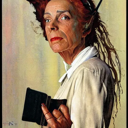 Prompt: Face portrait of a science fiction witch. Painting by Norman Rockwell.