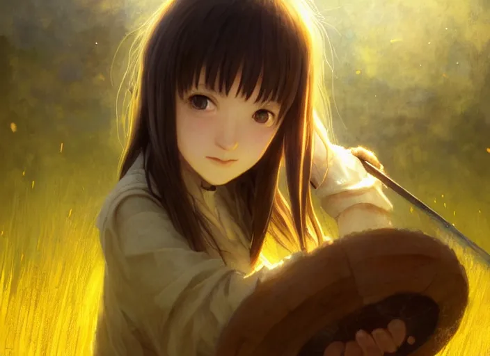Prompt: lain iwakura lain as medieval peasant working in the field wiping off sweat yellow hairclip sparkling amber cute eyes wonderful masterpiece highly detailed scifi, beautiful cinematic light deep focus, elegant, digital painting, smooth, sharp focus, golden ratio, dramatic illumination, ultra realistic, 4 k, art by greg rutkowski wlop rossdraws