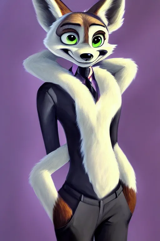 Image similar to oil painting of anthromorphic female wolf, in style of zootopia, female fursona, furry, furaffinity, 4 k, deviantart, furry art, fursona art, wearing black business suit, business suit, wolf fursona, female, smug expression,