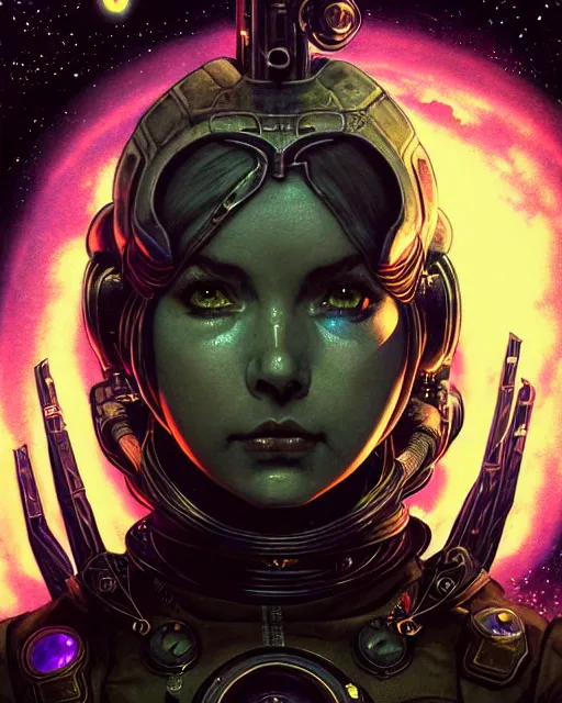 Image similar to a fed up cyber astro goddess like from skyrim and elden ring and grand theft auto and overwatch, character portrait, portrait, close up, concept art, intricate details, extremely detailed, realistic vintage sci - fi poster, in the style of chris foss, rodger dean, moebius, michael whelan, lumi, and gustave dore, bright deep color, wide angle,