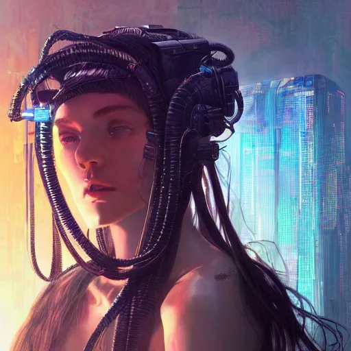 Image similar to portrait of Medusa with vr headset, cyberpunk, cables on the head, futuristic hi-tech details, ominous, intricate, art by anthony macbain + greg rutkowski + alphonse mucha, concept art, 4k, sharp focus, cinematic unreal engine