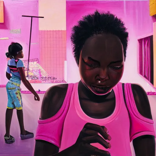 Prompt: a black girls building a pink spaceship out of junk in the cyberpunk ghetto by justin bua, oil on canvas, 8k